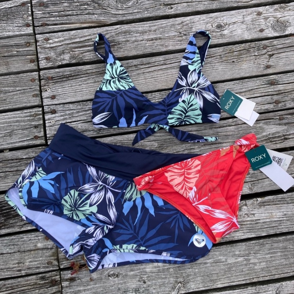 ROXY 3 Piece Set - Bralette Bikini Top, Mid-Waist Bottoms & Board Shorts - S